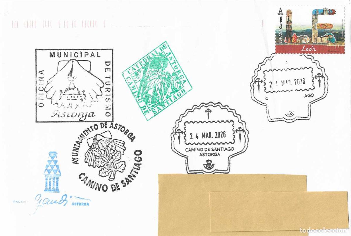 Sellos: RARO CAMINO DE SANTIAGO DOS MARCAS Y MATASELLOS EN SOBRE CIRCULADO, ASTORGA (LEON) 24 MARZO 2026 VER