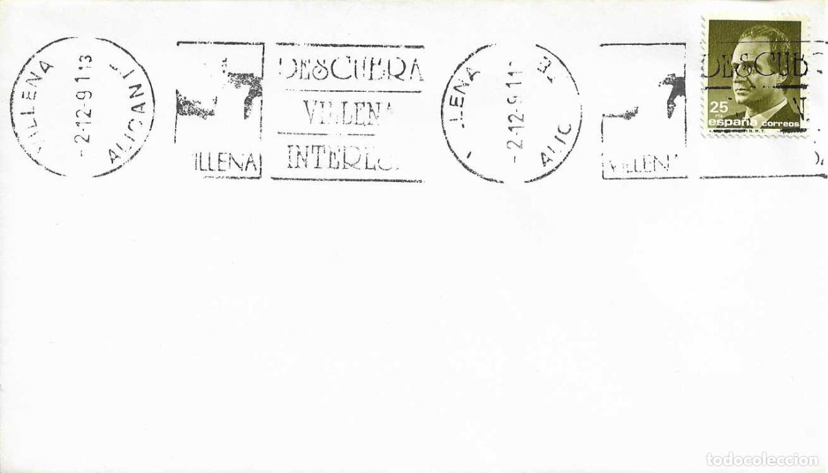 Sellos: DESCUBRA VILLENA INTERESA, VILLENA (ALICANTE) 1991. RARO MATASELLOS DE RODILLO EN SOBRE