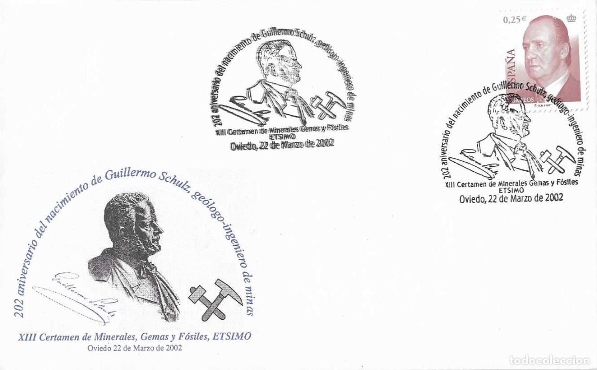 Sellos: MINERIA XIII CERTAMEN 202 ANIVER GUILLERMO SCHULZ, OVIEDO (ASTURIAS) 2002. MATASELLOS RARO SOBRE VER