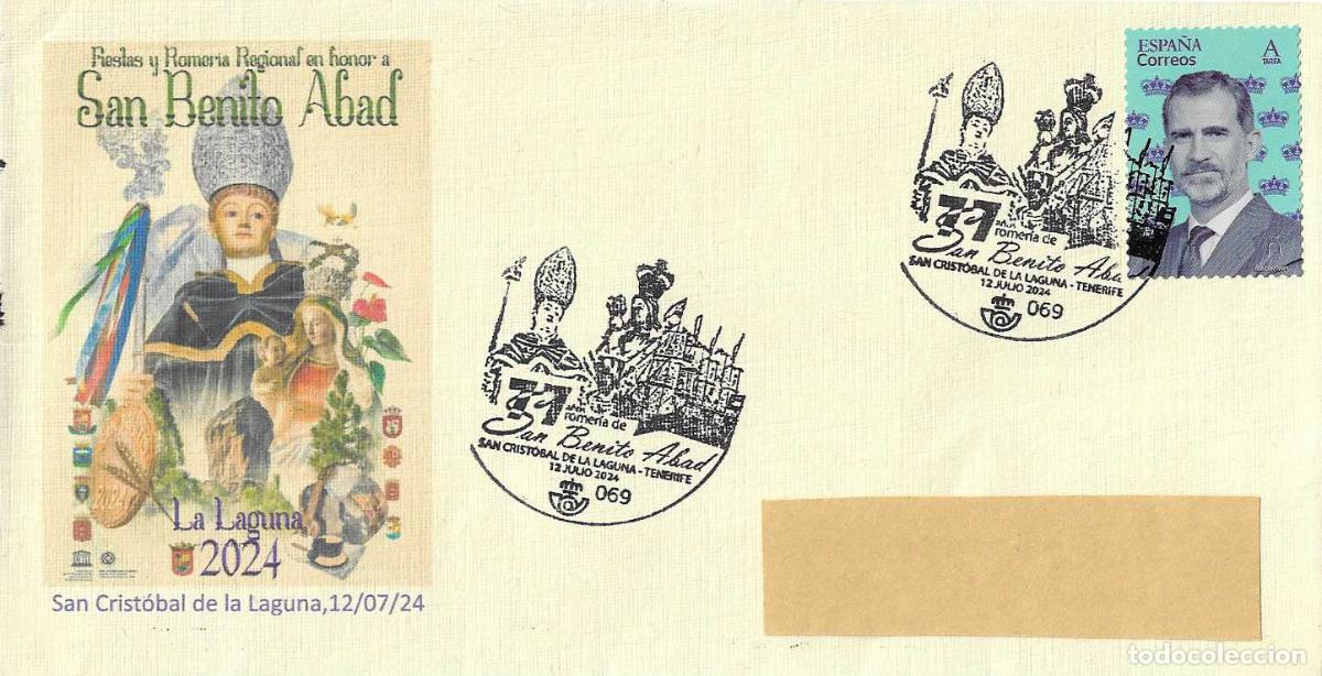 Sellos: RELIGION SAN BENITO ABAD 77 ROMERIA, SAN CRISTOBAL DE LA LAGUNA (CANARIAS) 2024 MATASELLO RARO SOBRE
