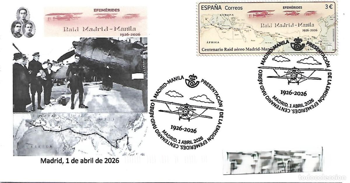Sellos: SOBRE CON MATASELLOS DE PRESENTACION DE LA EMISION RAID A&Eacute;REO MADRID-MANILA. 01/04/2026