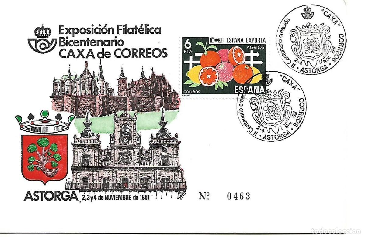 Sellos: TARJETA CON MATASELLOS CONMEMORATIVO EXPOFIL BICENTENARIO CAXA DE CORREOS. ASTORGA(LE&Oacute;N) 2-4/11/1981