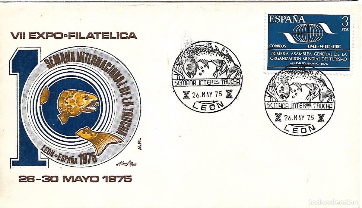 Sellos: SOBRE CON MATASELLOS CONMEMORATIVO LEON. 10&ordf; SEMANA INTERNACIONAL DE LA TRUCHA. 26 MAYO 1975