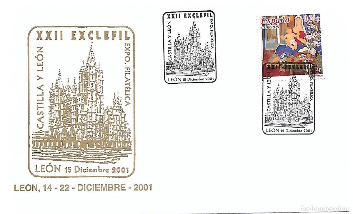 Sellos: SOBRE CON MATASELLOS CONMEMORATIVO LEON. EXPOSICI&Oacute;N FILAT&Eacute;LICA XXII EXCLEFIL. LE&Oacute;N 15/12/2001
