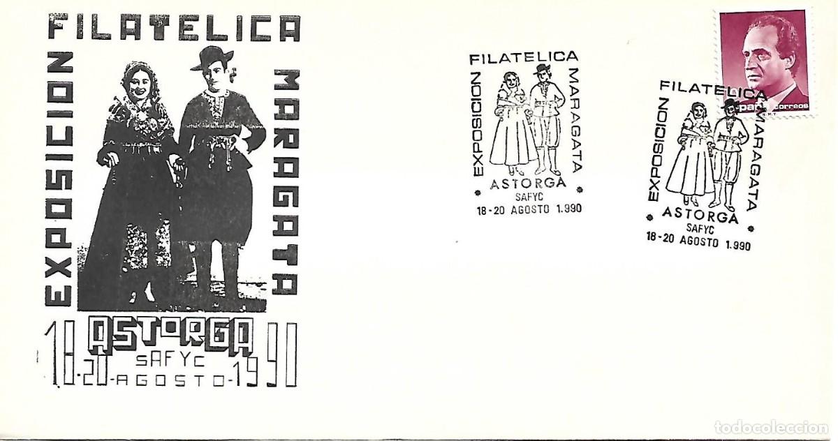 Sellos: SOBRE CON MATASELLOS CONMEMORATIVO ASTORGA (LE&Oacute;N). EXPOSICI&Oacute;N FILAT&Eacute;LICA MARAGATA. 18-20/08/1990