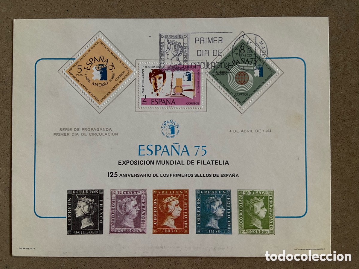 Sellos: HOJA RECUERDO PRIMER DIA ESPA&Ntilde;A 75. SERIE 1974
