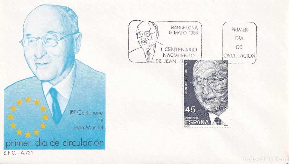 Sellos: SPD Barcelona 1988 - 1er Centenario de Jean Monnet - Uni&oacute;n Europea - Primer d&iacute;a de circulaci&oacute;n - FDC