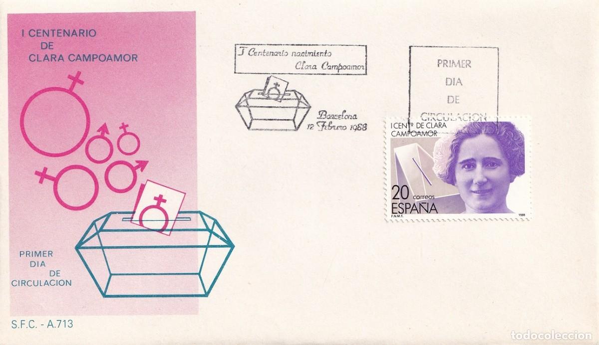 Sellos: SPD Barcelona 1988 - I Centenario del nacimiento de la pol&iacute;tica Clara Campoamor - Primer d&iacute;a