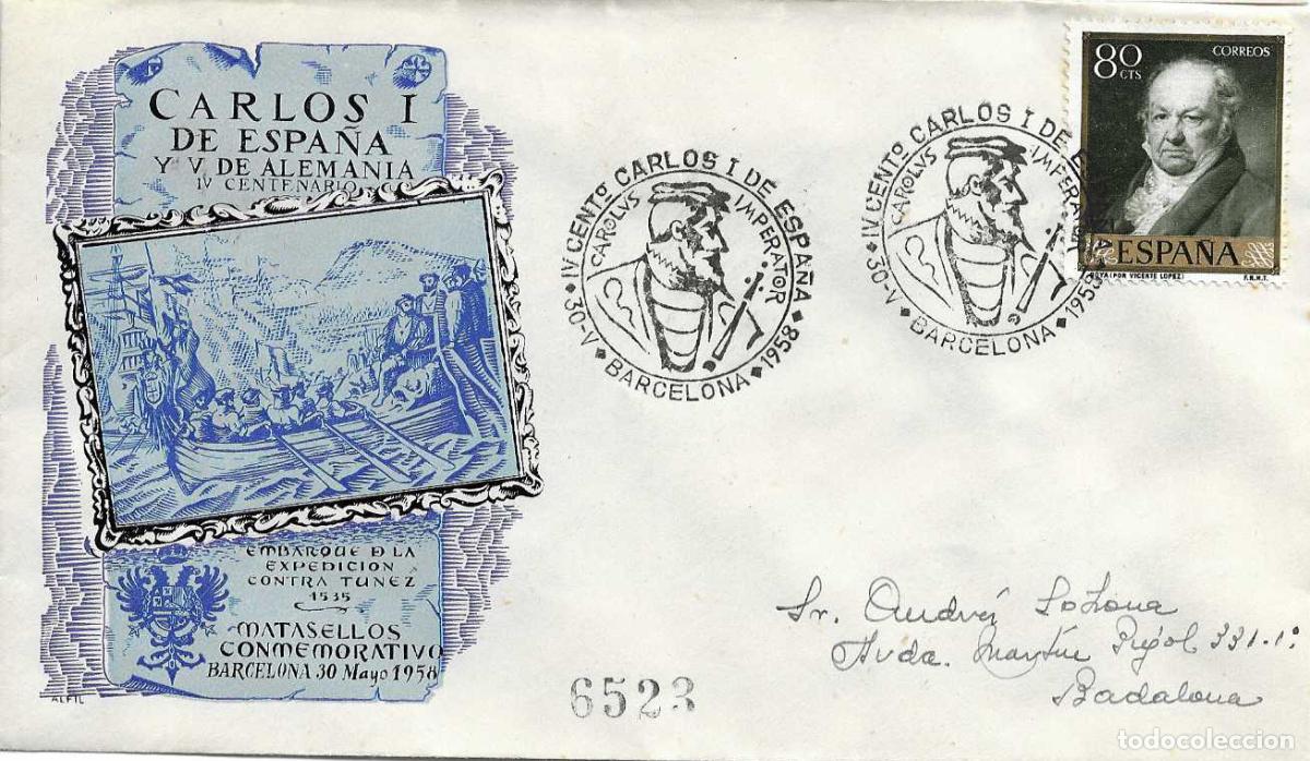 Sellos: CARLOS I DE ESPA&Ntilde;A IV CENTENARIO, BARCELONA 1958. MATASELLOS EN SOBRE CIRCULADO DE ALFIL BARCOS RWR