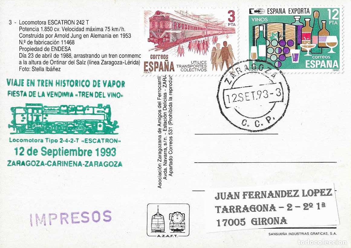Sellos: TRENES VIAJE TREN HISTORICO VAPOR FIESTA VENDIMIA TREN DEL VINO ZARAGOZA-CARI&Ntilde;ENA-ZARAGOZA 1993 RARO