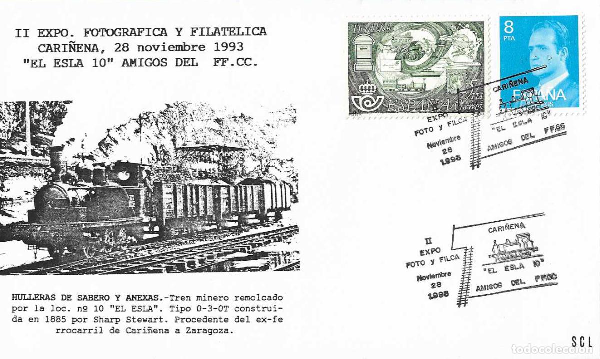 Sellos: TRENES EL ESLA 10 AMIGOS FERROCARRIL EXPOSICION, CARI&Ntilde;ENA (ZARAGOZA) 1993. MATASELLOS RARO SOBRE VER