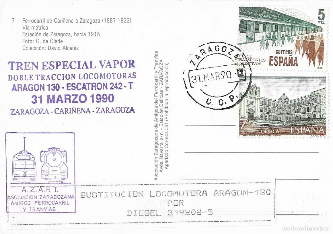 Sellos: TRENES TREN VAPOR DOBLE TRACCION ZARAGOZA-CARI&Ntilde;ENA-ZARAGOZA 31 MARZO 1990 EN TARJETA FERROCARRIL VER