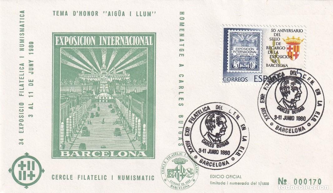 Sellos: Sobre Barcelona 1980 - 34 Exposici&oacute; Filat&egrave;lica i Numism&agrave;tica Tema d'honor Aig&uuml;a i llum - 170/500