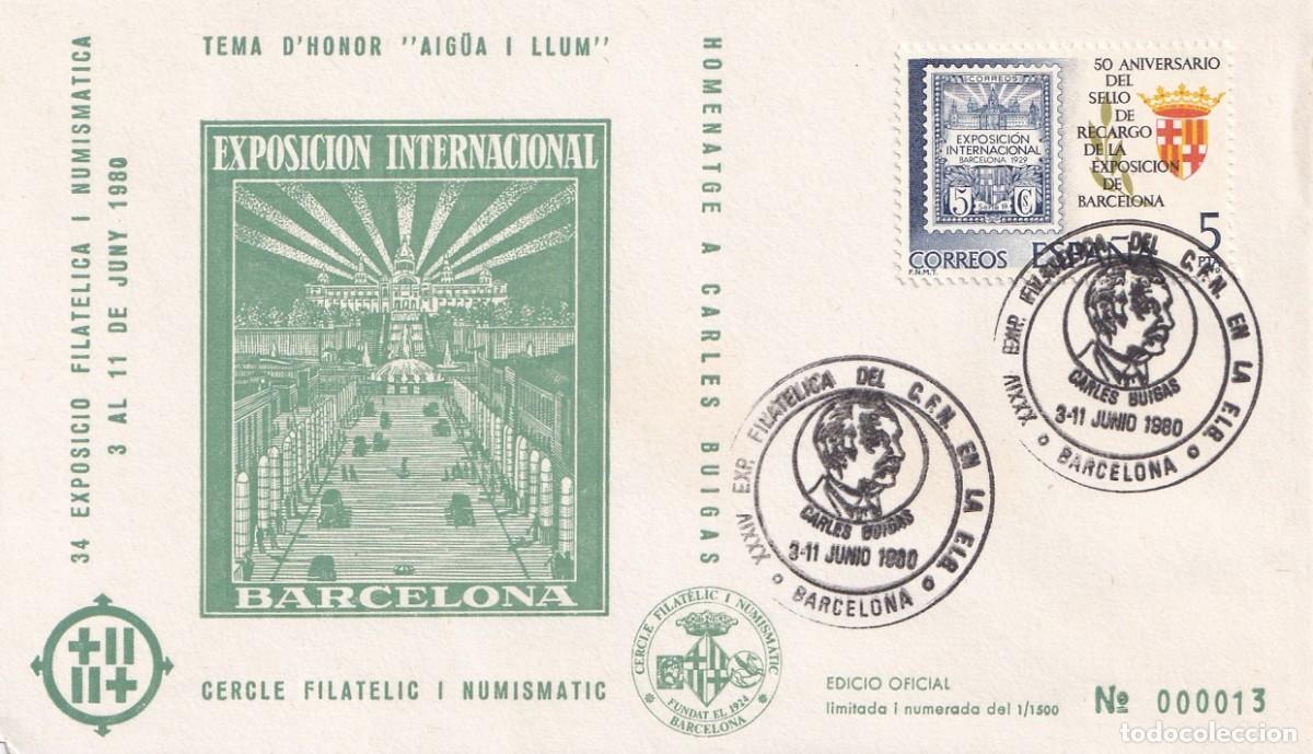 Sellos: Sobre Barcelona 1980 - 34 Exposici&oacute; Filat&egrave;lica i Numism&agrave;tica Tema d'honor Aig&uuml;a i llum - 13/500