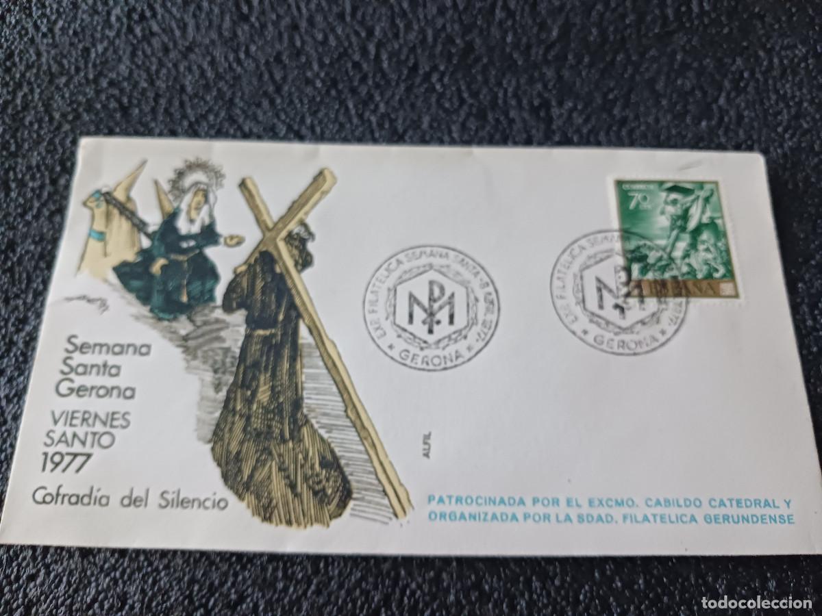 Sellos: sobre primer dia de emision, SEMANA SANTA GERONA. VIERNES SANTO 1977. COFRADIA DEL SILENCIO