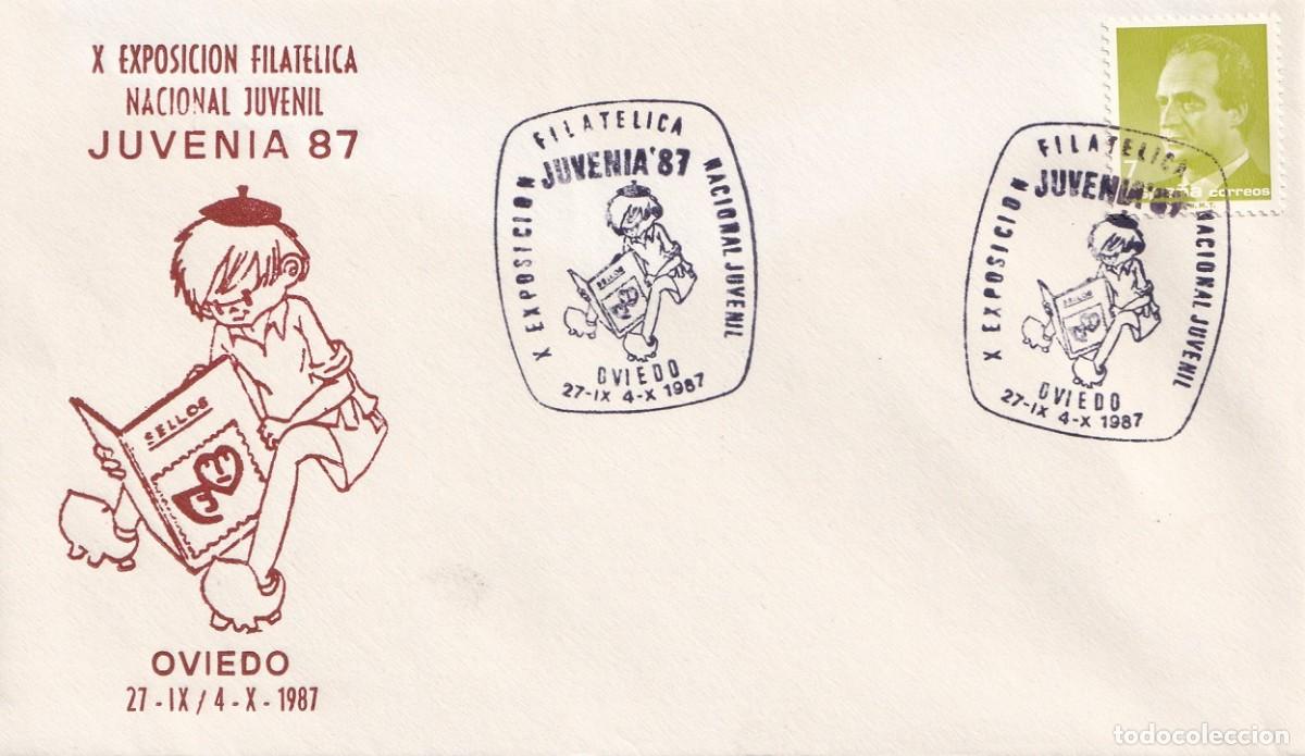 Sellos: Sobre Oviedo 1987 - X Exposici&oacute;n Filat&eacute;lica Nacional Juvenil Juvenia 87 - Matasellos especiales