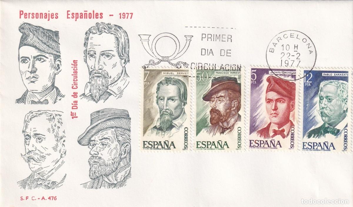 Sellos: SPD Barcelona 1977 - Personajes espa&ntilde;oles - Serie completa - Miguel Servet - Francisco T&aacute;rrega - Jac