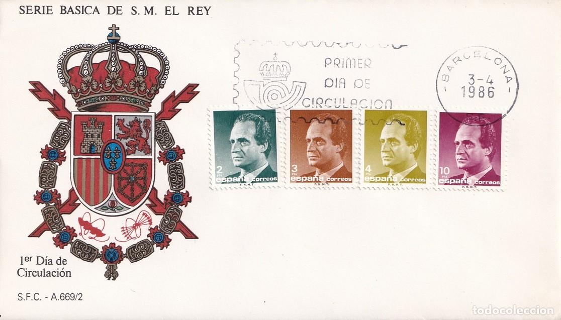 Sellos: SPD Barcelona 1986 / Serie b&aacute;sica de S. M. El Rey - S.F.C. A 669/2 - Juan Carlos - Primer d&iacute;a circul