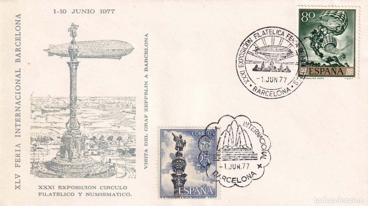 Sellos: Sobre Barcelona 1977 - Zeppelin - XLV Feria Internacional Barcelona - XXXI Exp. C&iacute;rculo Filco. y Num