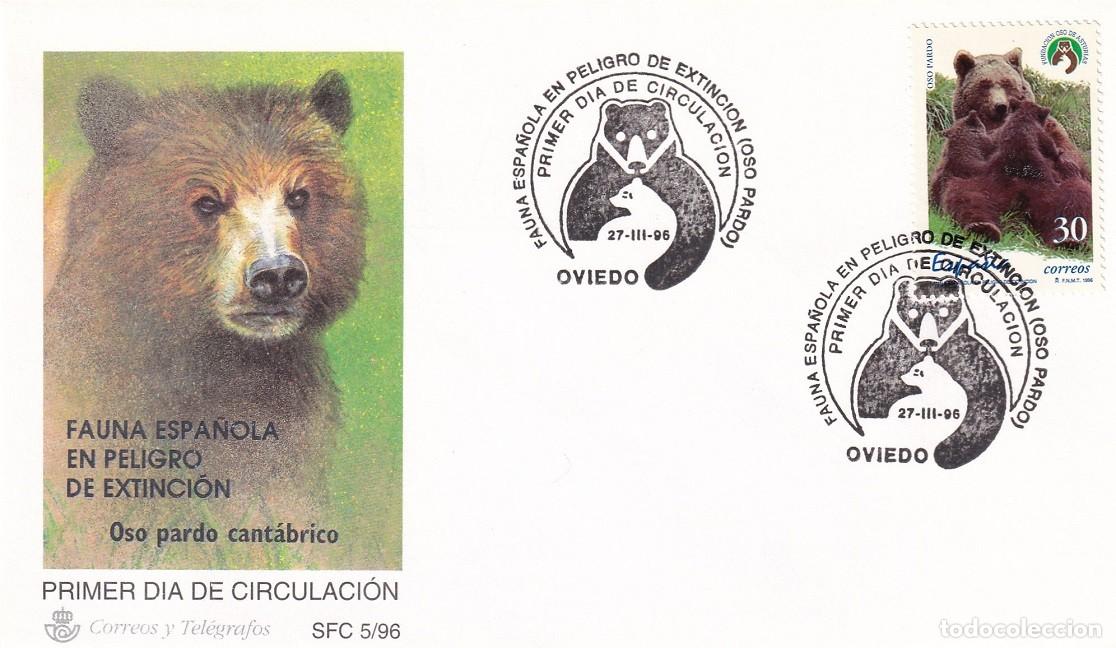 Sellos: SPD Oviedo 1996 - Fauna espa&ntilde;ola en peligro de extinci&oacute;n - Oso pardo cant&aacute;brico - Primer d&iacute;a