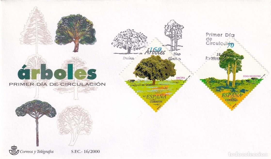 Sellos: SPD Barcelona 2000 - &Aacute;rboles - Encina - Pino silvestre - Serie completa - Primer d&iacute;a de circulaci&oacute;n