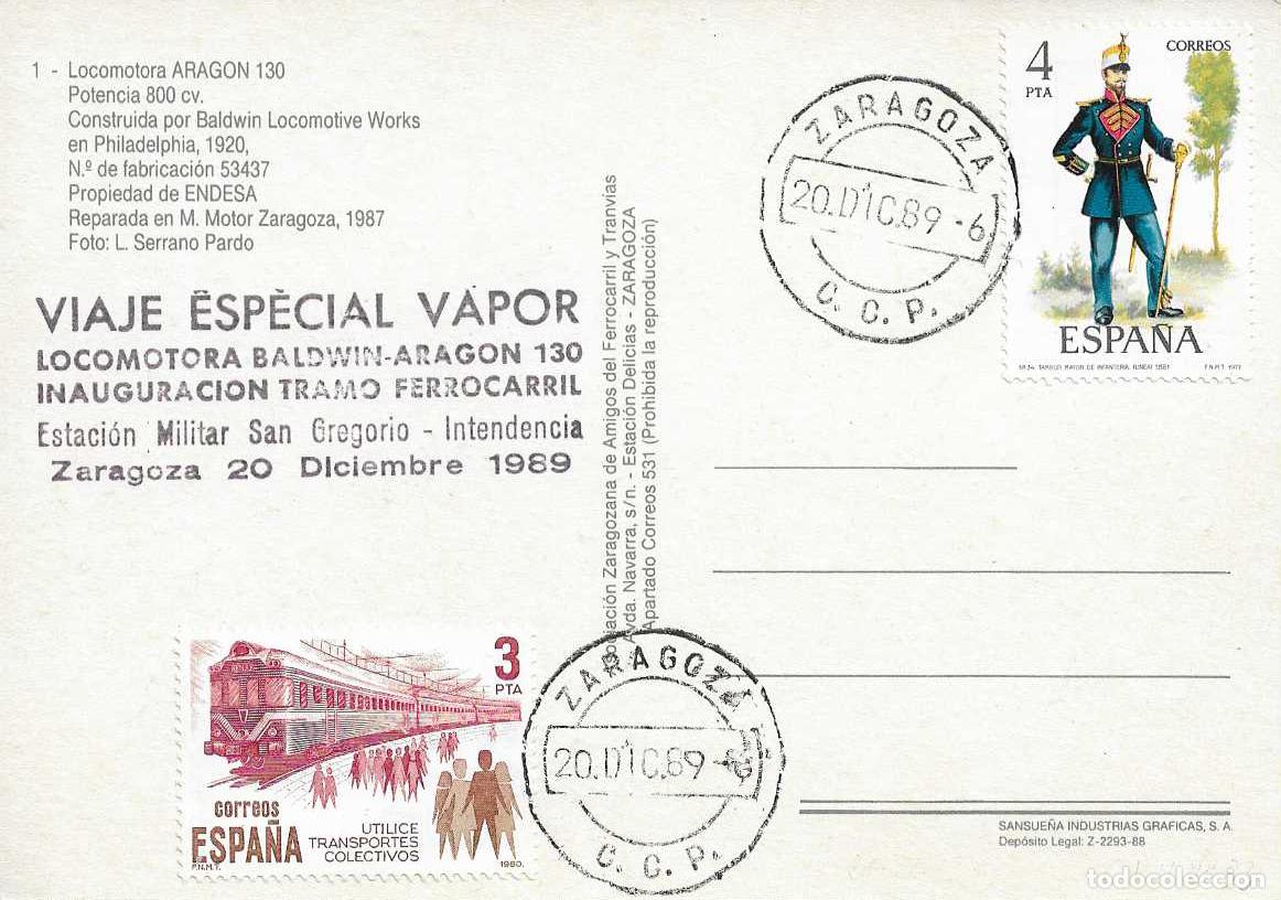 Sellos: TRENES INAUGURACION TRAMO FERROCARRIL ESTACION MILITAR SAN GREGORIO, ZARAGOZA 20 DICIEMBRE 1989 RARO