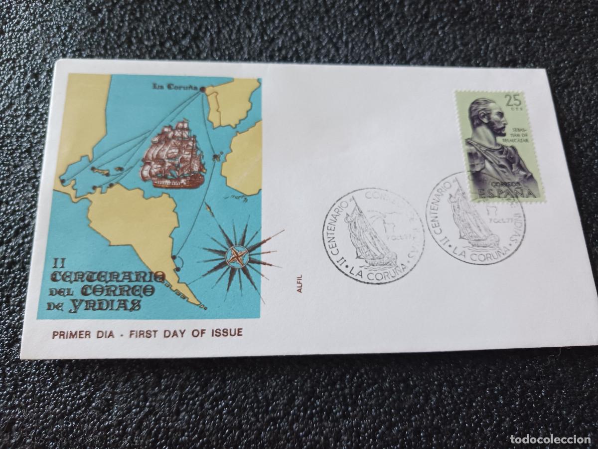 Sellos: sobre primer dia de emision, II CENTENARIO CORREO DE INDIAS, LA CORU&Ntilde;A 1977.