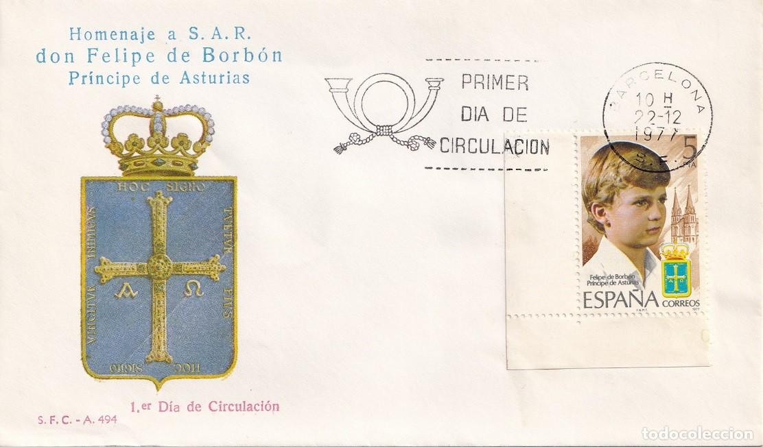 Sellos: SPD 1977 / Homenaje a S.A.R. don Felipe de Borb&oacute;n Pr&iacute;ncipe de Asturias - S.F.C. A 494 / En esquina
