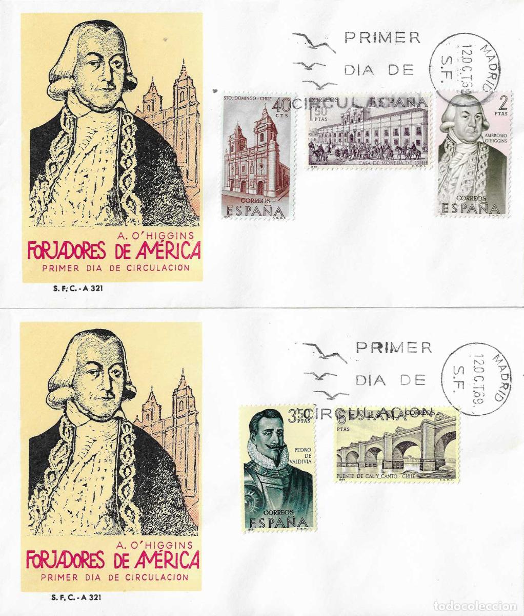 Sellos: FORJADORES DE AMERICA 1969 CHILE (EDIFIL 1939/43) EN DOS SOBRES PRIMER DIA DEL SERVICIO FILATELICO
