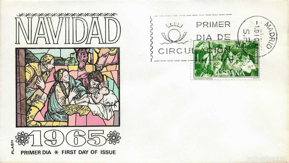 Sellos: NAVIDAD 1965 PINTURA NACIMIENTO MAYNO (EDIFIL 1692) EN SOBRE PRIMER DIA SIN CIRCULAR FLASH RELIGION