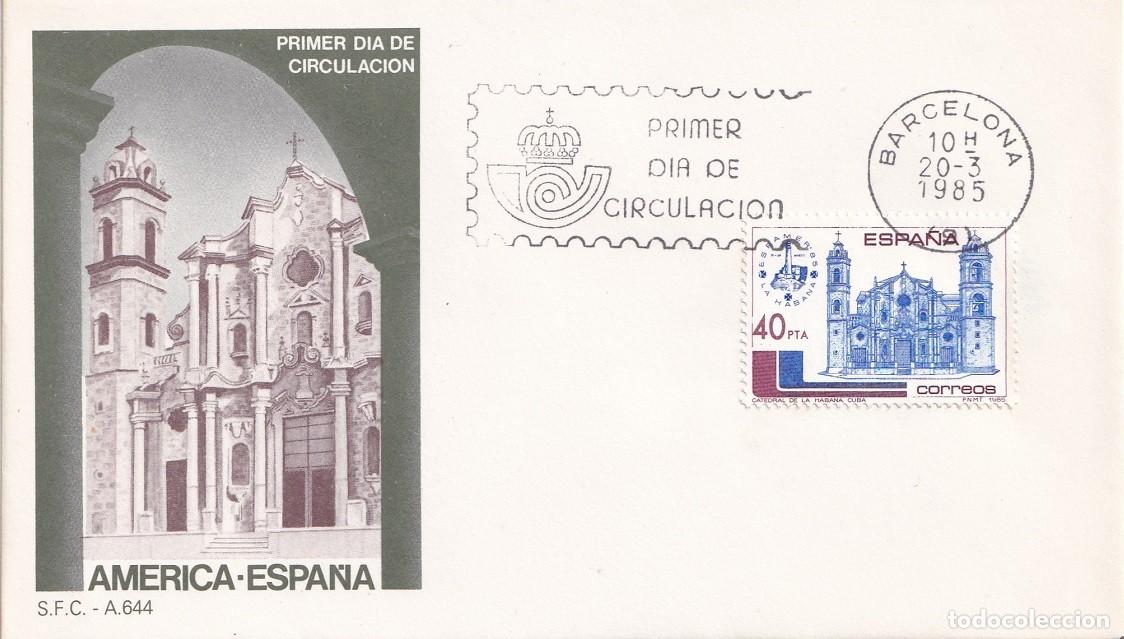 Sellos: SPD Barcelona 1985 - Am&eacute;rica-Espa&ntilde;a - Catedral de La Habana y logotipo - Espamer 85 - Primer d&iacute;a