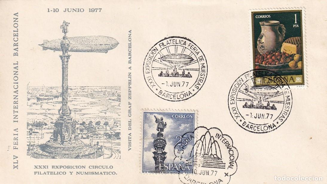 Sellos: Sobre Barcelona 1977 - Zeppelin - XLV Feria Internacional Barcelona - XXXI Exp. C&iacute;rculo Filco. y Num