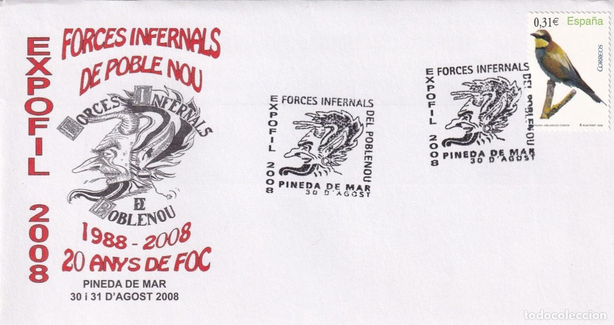 Sellos: Sobre Expofil 2008 Pineda de Mar - Forces Infernals Poblenou 20 Anys Foc 1988 - Dimonis - Correfoc