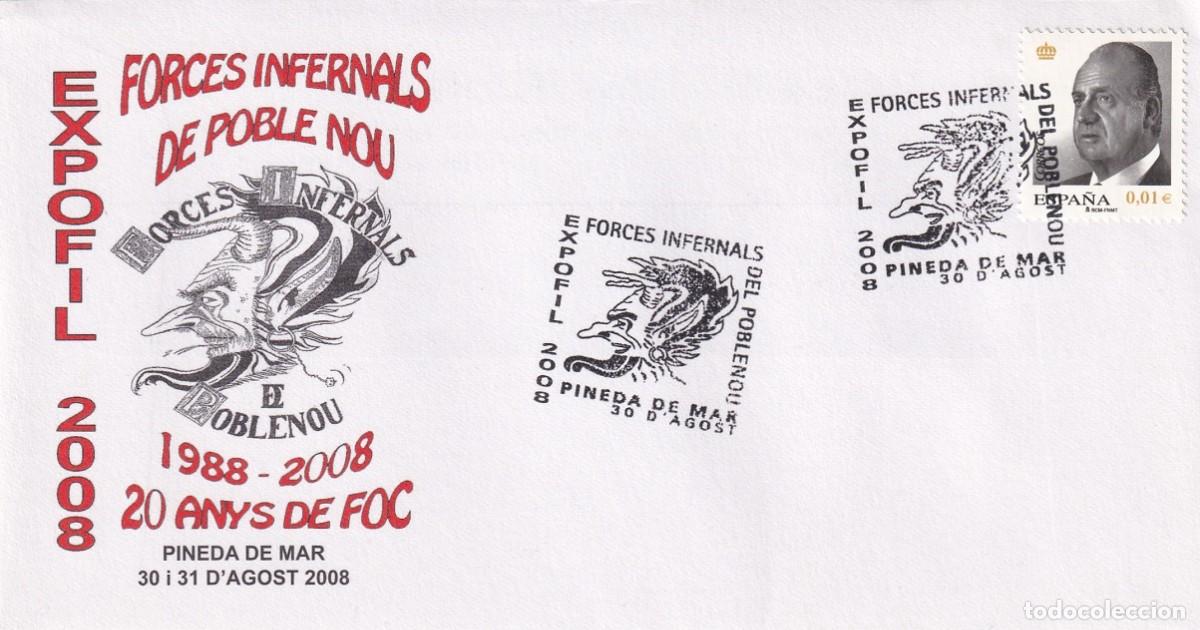 Sellos: Sobre Expofil 2008 Pineda de Mar - Forces Infernals Poblenou 20 Anys Foc 1988 - Dimonis - Correfoc