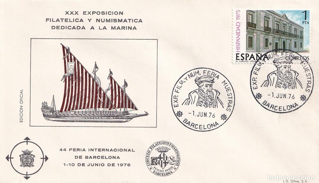 Sellos: Sobre Barcelona 1976 - XXX Exposici&oacute;n Filat&eacute;lica y Numism&aacute;tica dedicada a La Marina - 44 Feria Inter