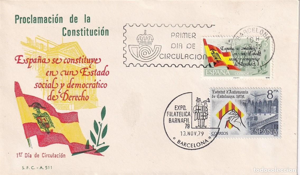 Sellos: SPD Barcelona 1979 - Proclamaci&oacute;n de la Constituci&oacute;n - Exposici&oacute;n Filat&eacute;lica Barnafil 79 Primer d&iacute;a