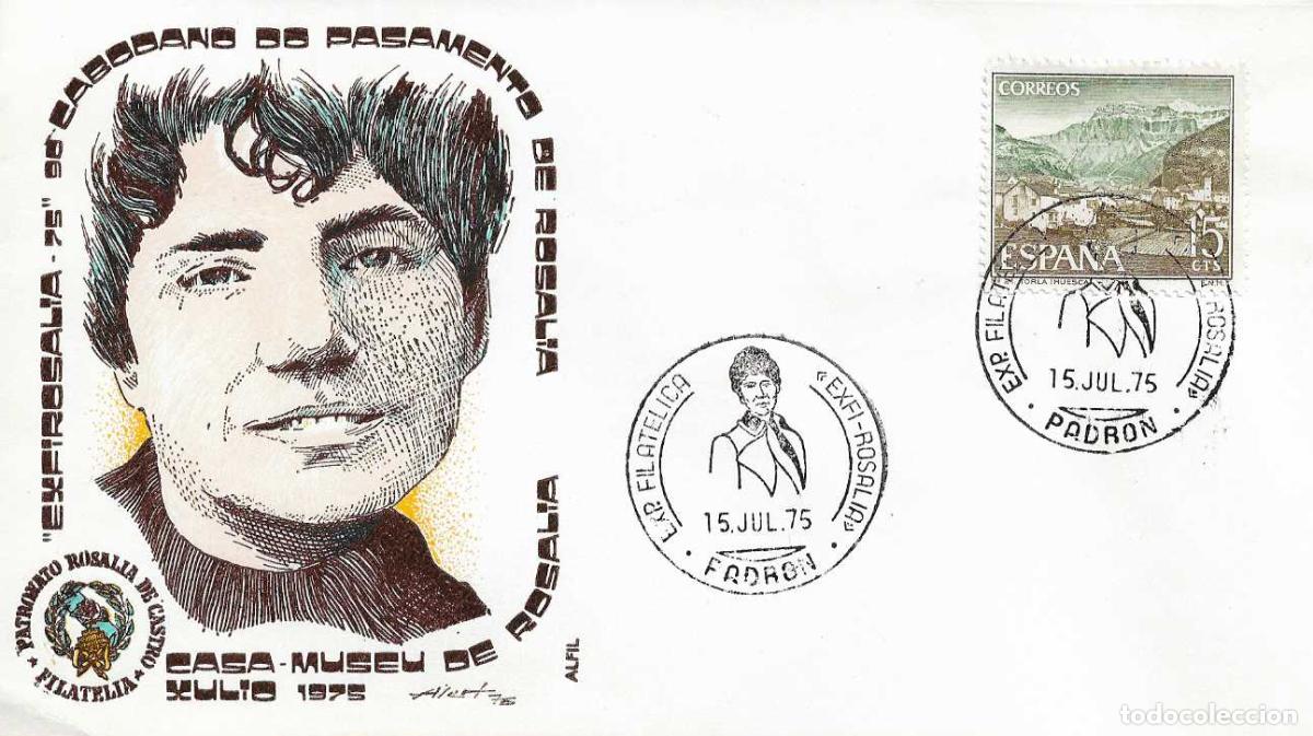 Sellos: CASA MUSEO ROSALIA DE CASTRO EXPOSICION, PADRON (CORU&Ntilde;A) 1975. RARO MATASELLOS EN SOBRE DE ALFIL
