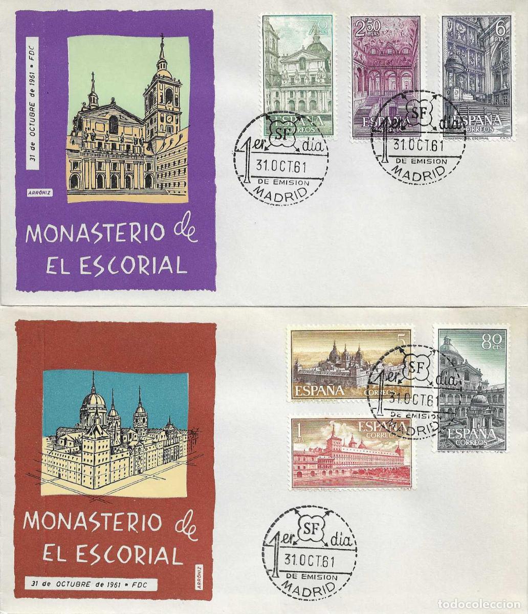 Sellos: REAL MONASTERIO SAN LORENZO DE EL ESCORIAL 1961 (EDIFIL 1382/87) EN DOS SPD DE ARRONIZ RAROS XZX