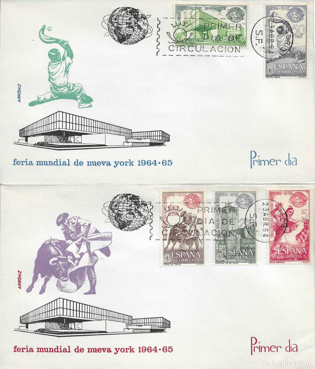 Sellos: TOROS TAUROMAQUIA FERIA MUNDIAL DE NUEVA YORK 1964 (EDIFIL 1590/94) EN DOS RAROS SPD DE ARRONIZ XZX