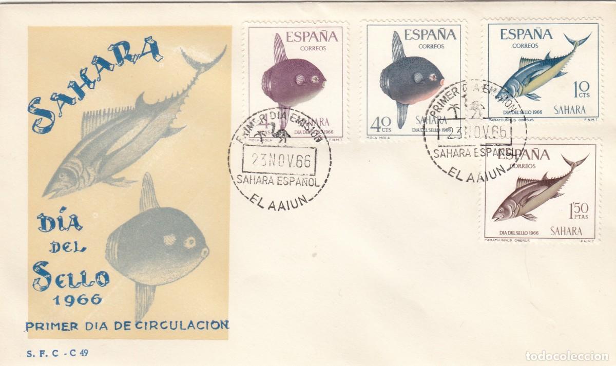 Sellos: S879 MATASELLO SAHARA PDC - Edifil 252/255 D&iacute;a del Sello. Fauna. Peces - El Aaiun 1966