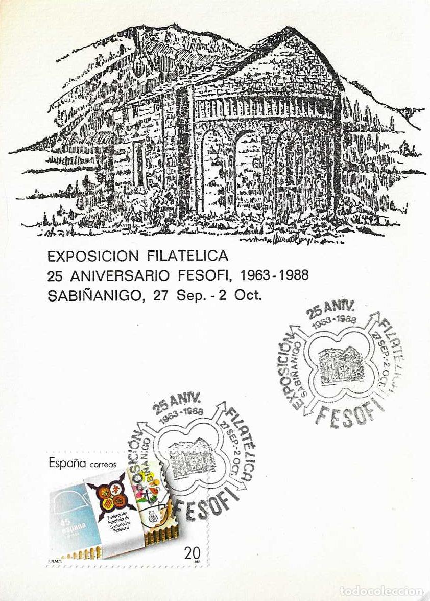 Selos: FESOFI 25 ANIVERSARIO EXPOSICION, SABI&Ntilde;ANIGO (HUESCA) 1988. MATASELLOS EN TARJETA IGLESIA RARO VER