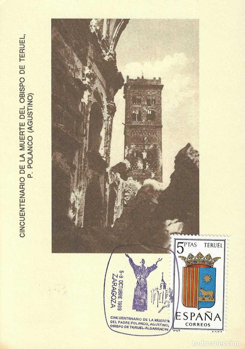 Selos: PADRE POLANCO OBISPO TERUEL-ALBARRACIN CINCUENTENARIO, ZARAGOZA 1989. RARO MATASELLOS TARJETA MOD 2