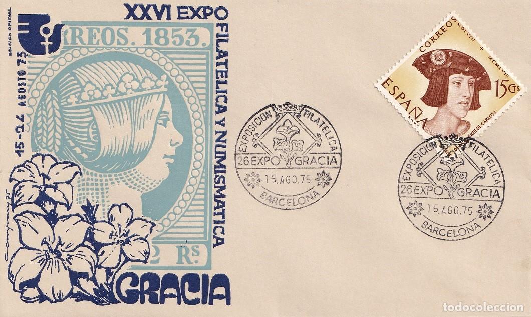 Sellos: Sobre Barcelona 1975 - XXVI Exposici&oacute;n Filat&eacute;lica y Numism&aacute;tica - Gracia - Matasellos especiales