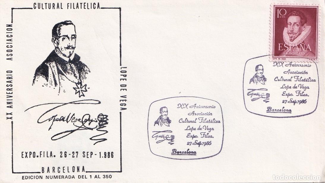 Sellos: Sobre Barcelona 1986 N&ordm; 100 de 350 - XX Aniversario Asociaci&oacute;n Cultural Filat&eacute;lica Lope de Vega