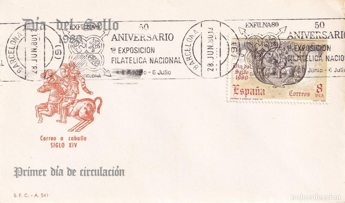 Sellos: SPD Barcelona 1980 - D&iacute;a del sello - Correo a caballo siglo XIV - 50 Aniversario 1&ordf; Exposici&oacute;n Fila.