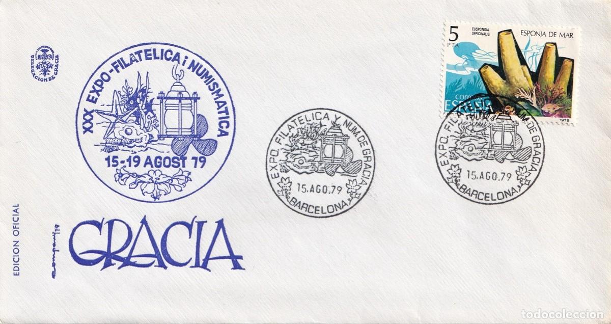 Sellos: Sobre edici&oacute;n oficial Barcelona 1979 - XXX Exposici&oacute;n Filat&eacute;lica y Numism&aacute;tica Gracia - Matasellos