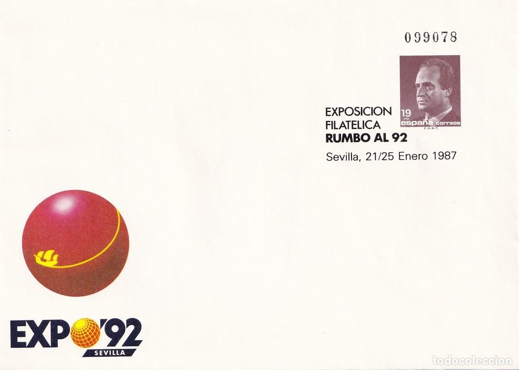 Sellos: Sobre entero postal Sevilla 1987 - Expo 92 Sevilla - Exposici&oacute;n Filat&eacute;lica Rumbo al 92 21/25 Enero