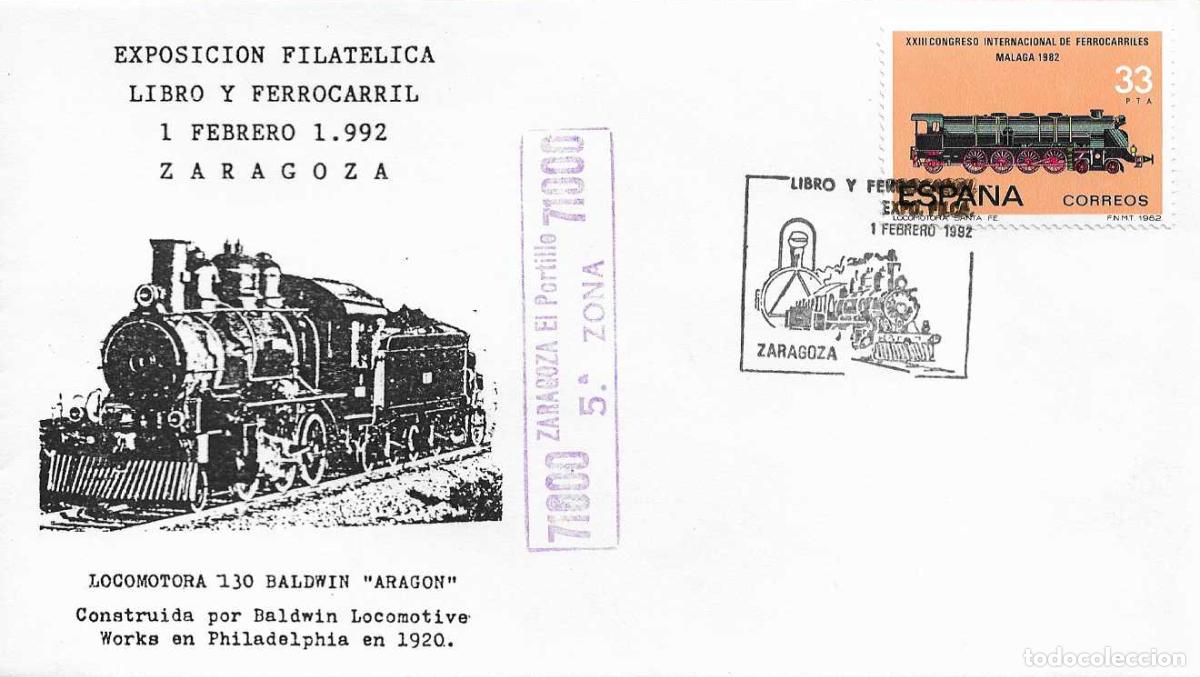Sellos: TRENES LIBRO Y FERROCARRIL EXPOSICION FILATELICA, ZARAGOZA 1992 MATASELLOS EN RARO SOBRE VER REVERSO