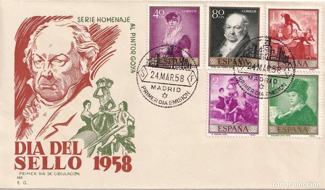 Sellos: SPD Madrid 1958 - D&iacute;a del sello 1958 - Serie Homenaje al pintor Goya - Primer d&iacute;a de emisi&oacute;n
