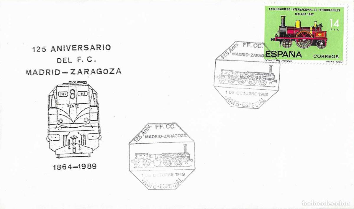 Sellos: TRENES AMBULANTE ESPECIAL 125 ANIV FERROCARRIL MADRID-ZARAGOZA 1989. MATASELLOS RARO SOBRE ILUSTRADO